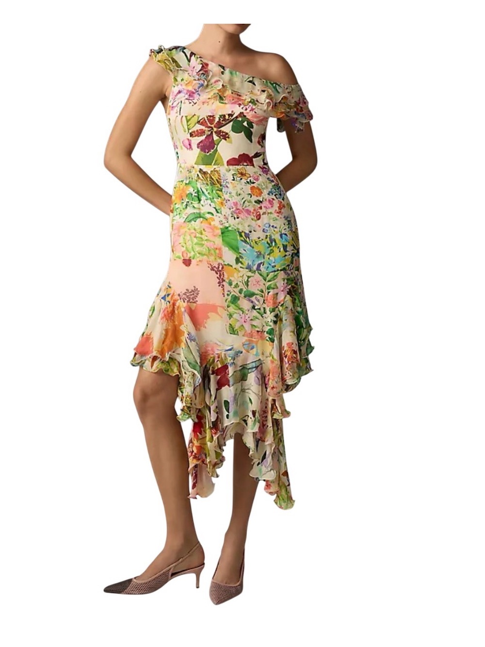 Anthropologie Mandira Wirk Off-The-Shoulder Asymmetrical Midi Dress Floral M